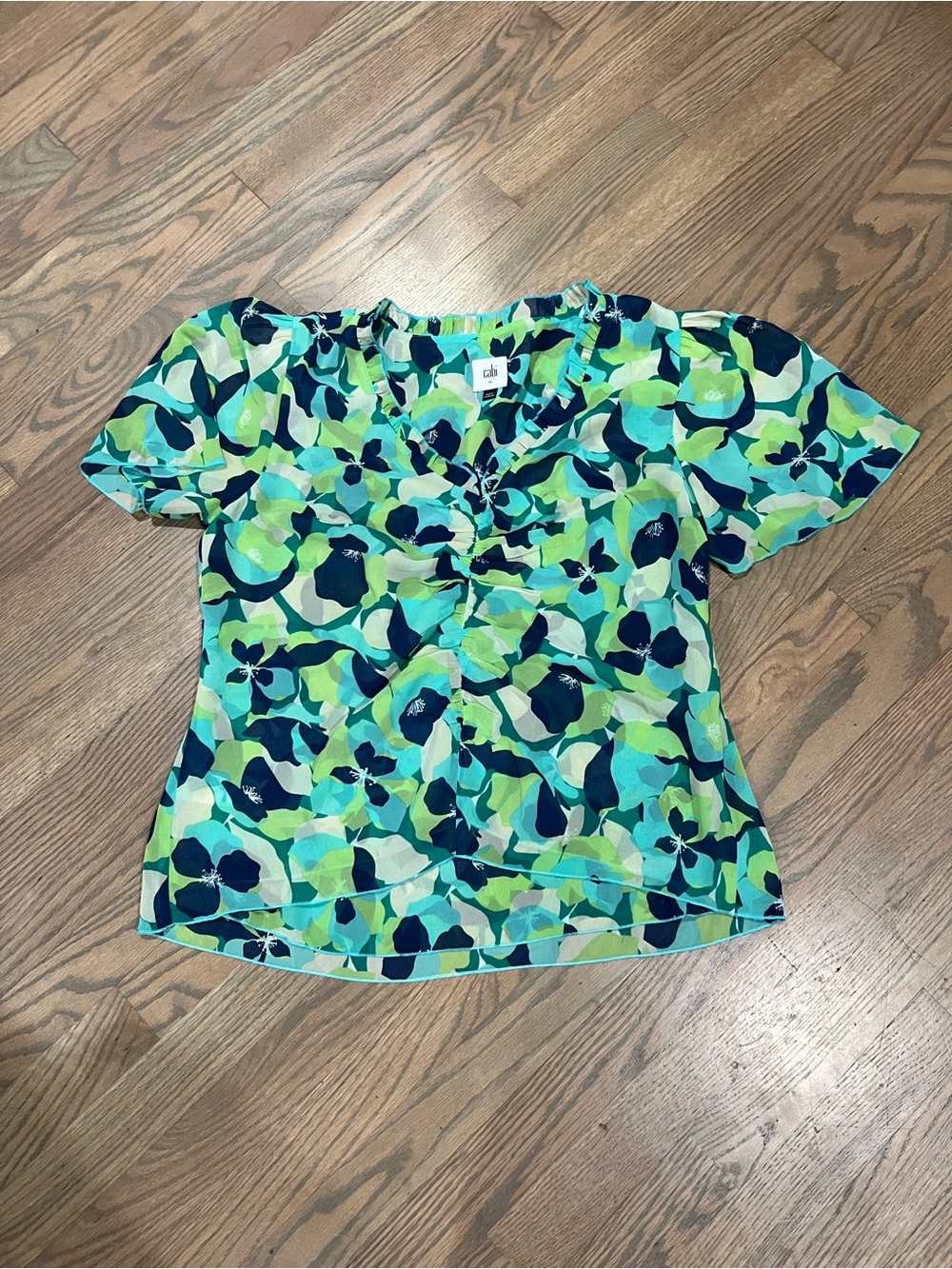 CAbi Teal, Navy & Lime Floral V-Neck Short Sleeve Blouse